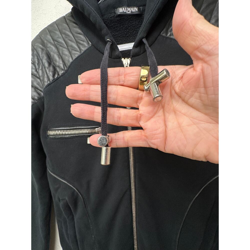 FUC Balmain Black Moto Hoodie Jacket Quilted Leather Shoulder Zip Sweatshirt M - Picture 4 of 15